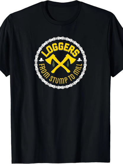 Men's Graphic T-Shirt Loggers From Stump To Mill With Golden Crossed Lumber Axes Emblem