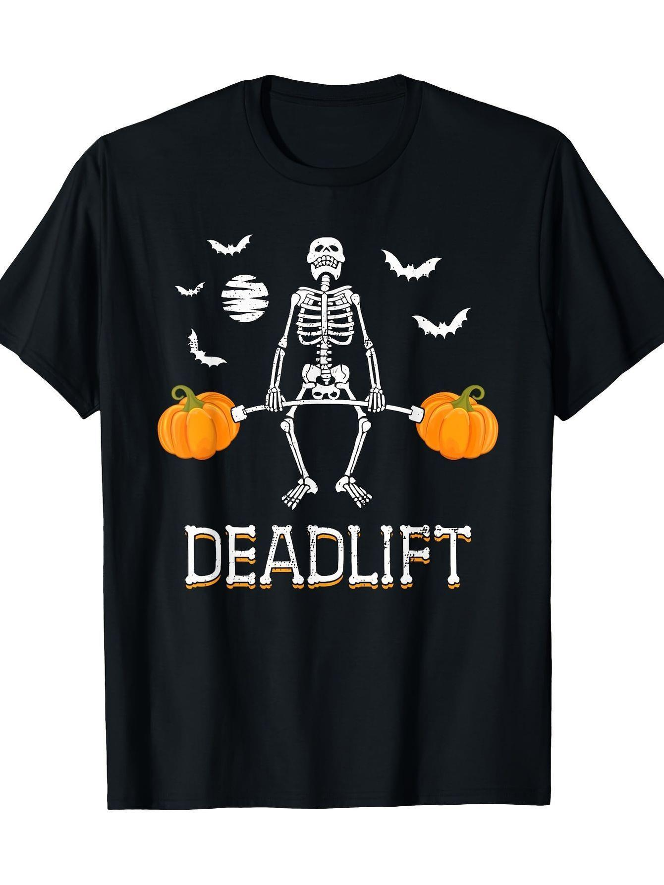 Men's Graphic T-Shirt Deadlift Skeleton Holding Bar With Pumpkins And Flying Bats
