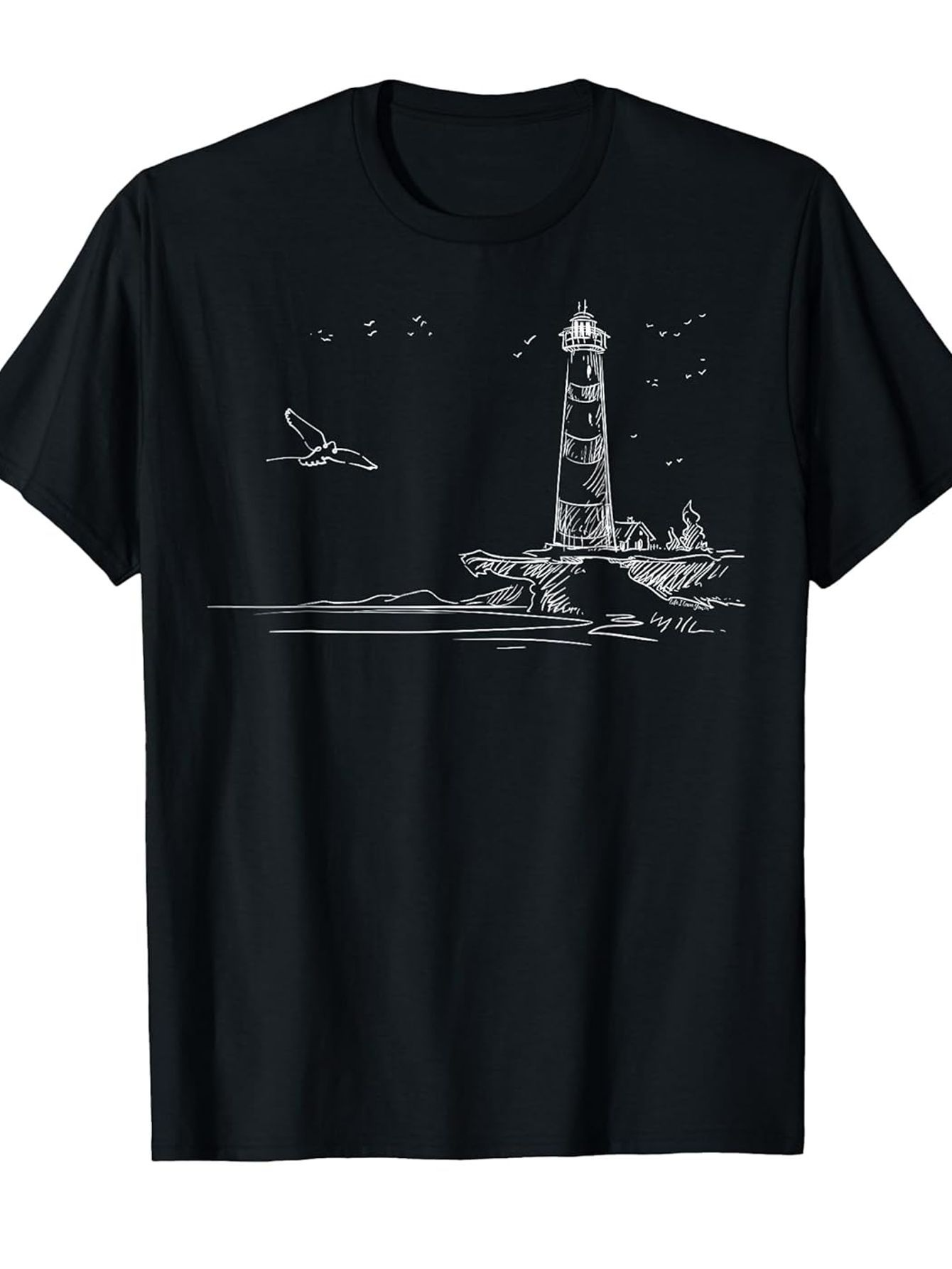 Men's Graphic T-Shirt Seagulls Flying Above Calm Coastal Rocky Lighthouse