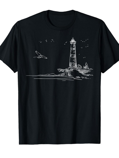 Men's Graphic T-Shirt Seagulls Flying Above Calm Coastal Rocky Lighthouse