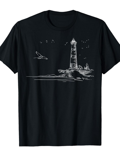 Men's Graphic T-Shirt Seagulls Flying Above Calm Coastal Rocky Lighthouse