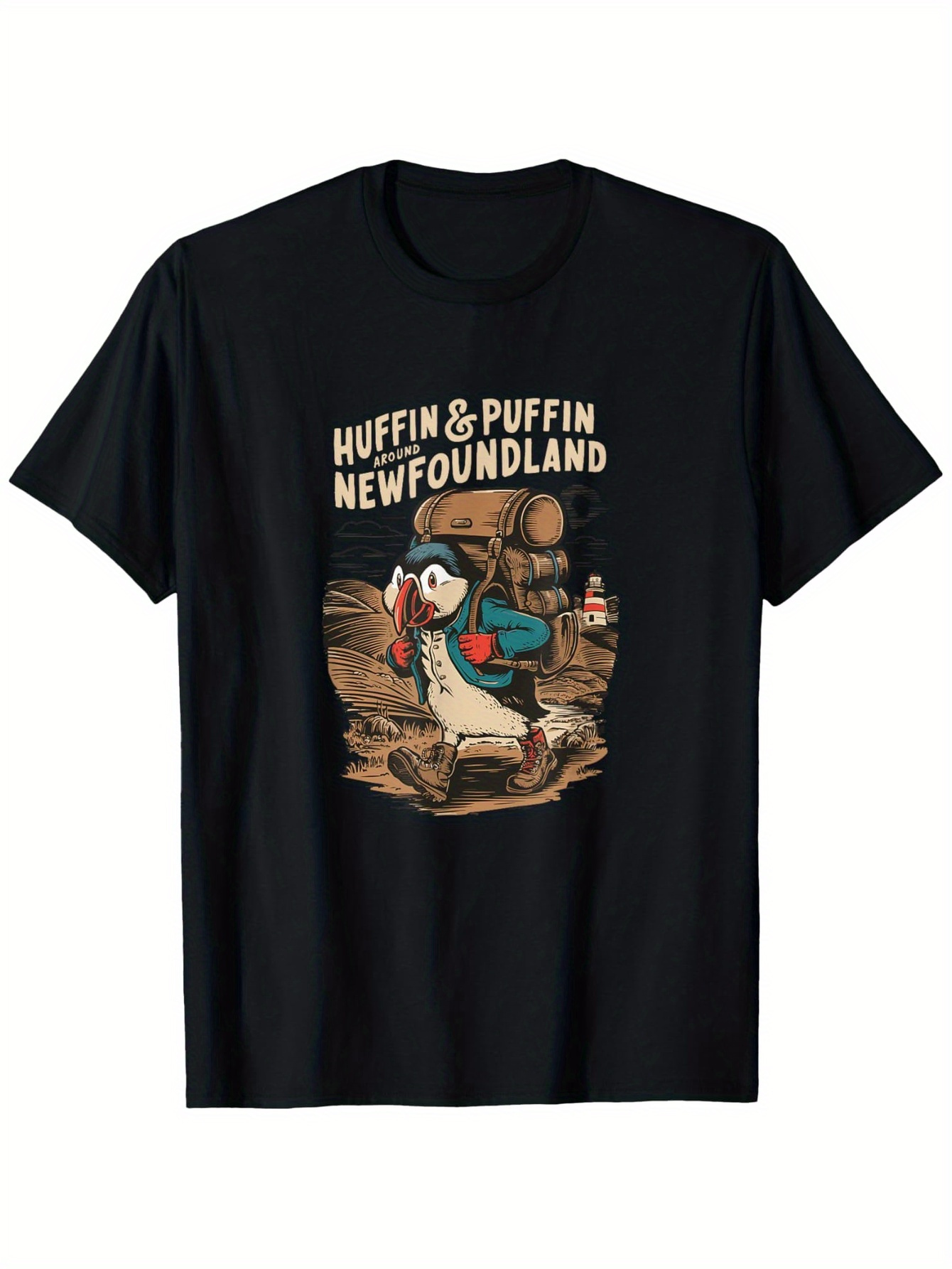 Men's Graphic T-Shirt Huffin Puffin Newfoundland Seaside Barrels And Backpacked Bird Puffin