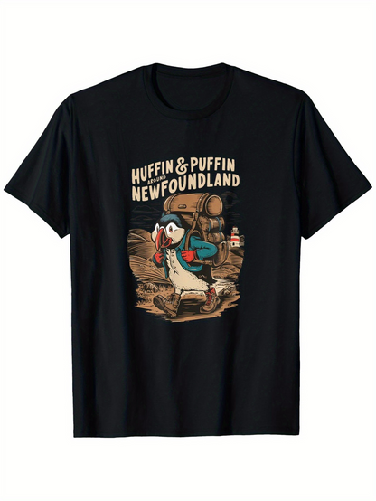 Men's Graphic T-Shirt Huffin Puffin Newfoundland Seaside Barrels And Backpacked Bird Puffin