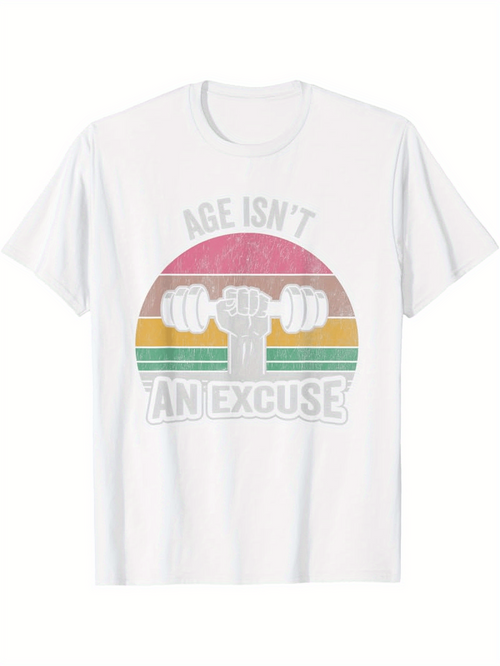 Men's Graphic T-Shirt Age Isnt An Excuse Vintage Stripes With Raised Fist And Barbell Motif