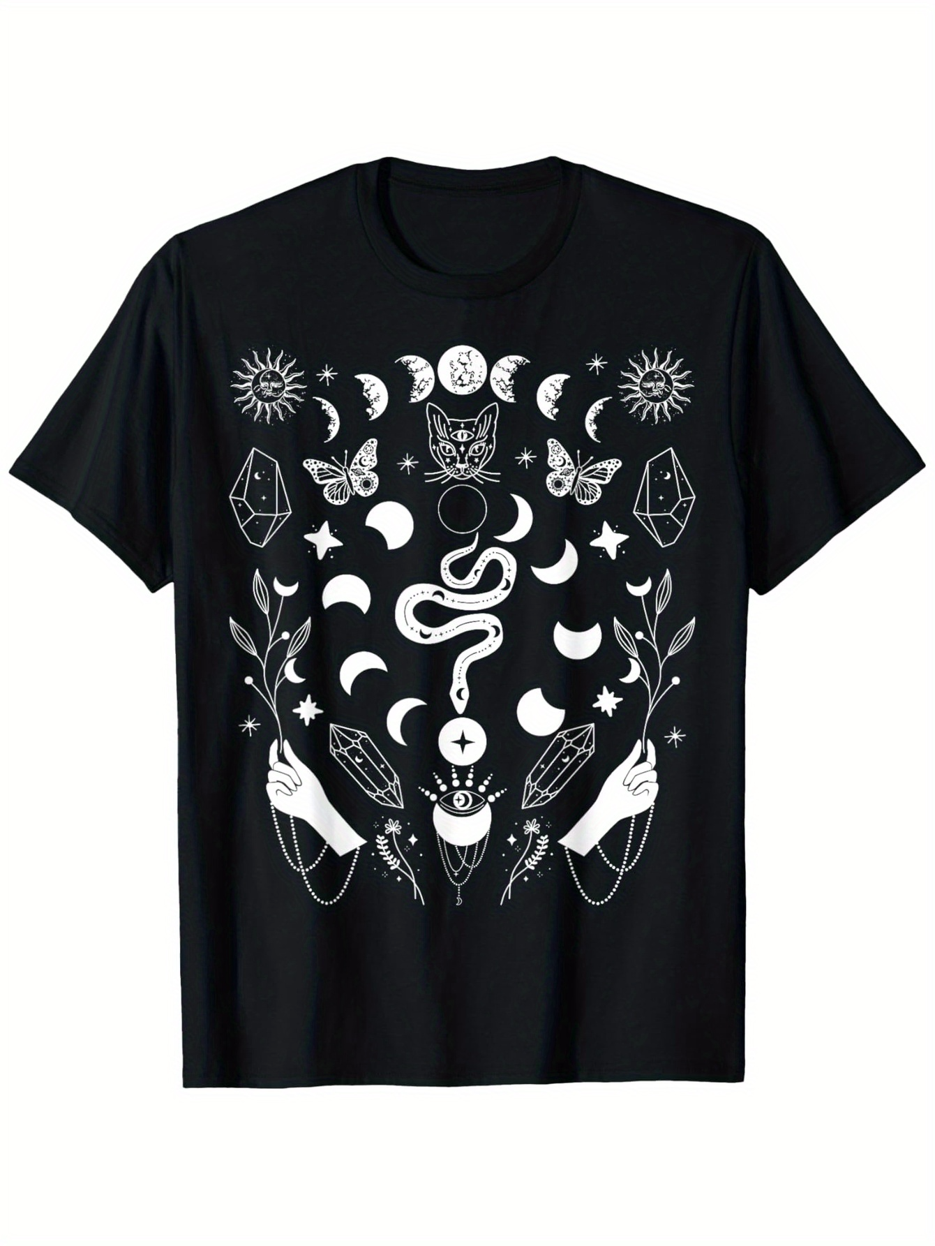 Men's Graphic T-Shirt Hand Drawn Moon Phases With Snake Surrounded By Stars Botanical Symbols Cat