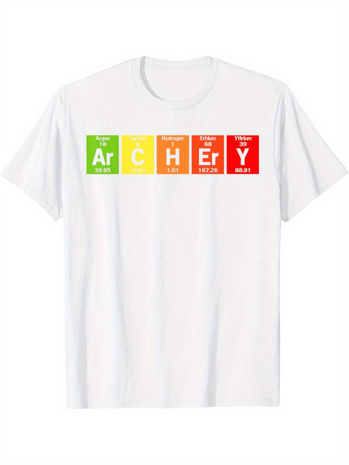 Men's Graphic T-Shirt Colorful Science Inspired Graphic With Block Letters Over White Archery