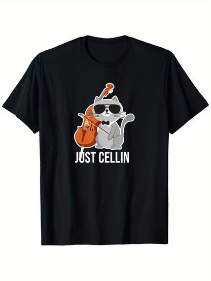 Men's Graphic T-Shirt Just Cellin Cool Sunglasses Cat Playing Cello On Black Shirt