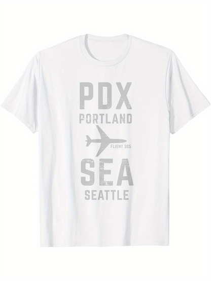 Men's Graphic T-Shirt PDX Portland SEA Seattle In Flight Path With Airplane Graphic