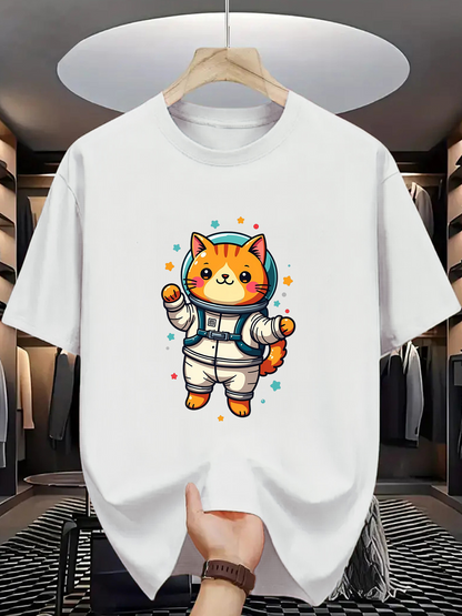 Men's Graphic T-Shirt Playful Orange Cat Wearing Cute Spacesuit With Colorful Floating Stars Astronaut Cat