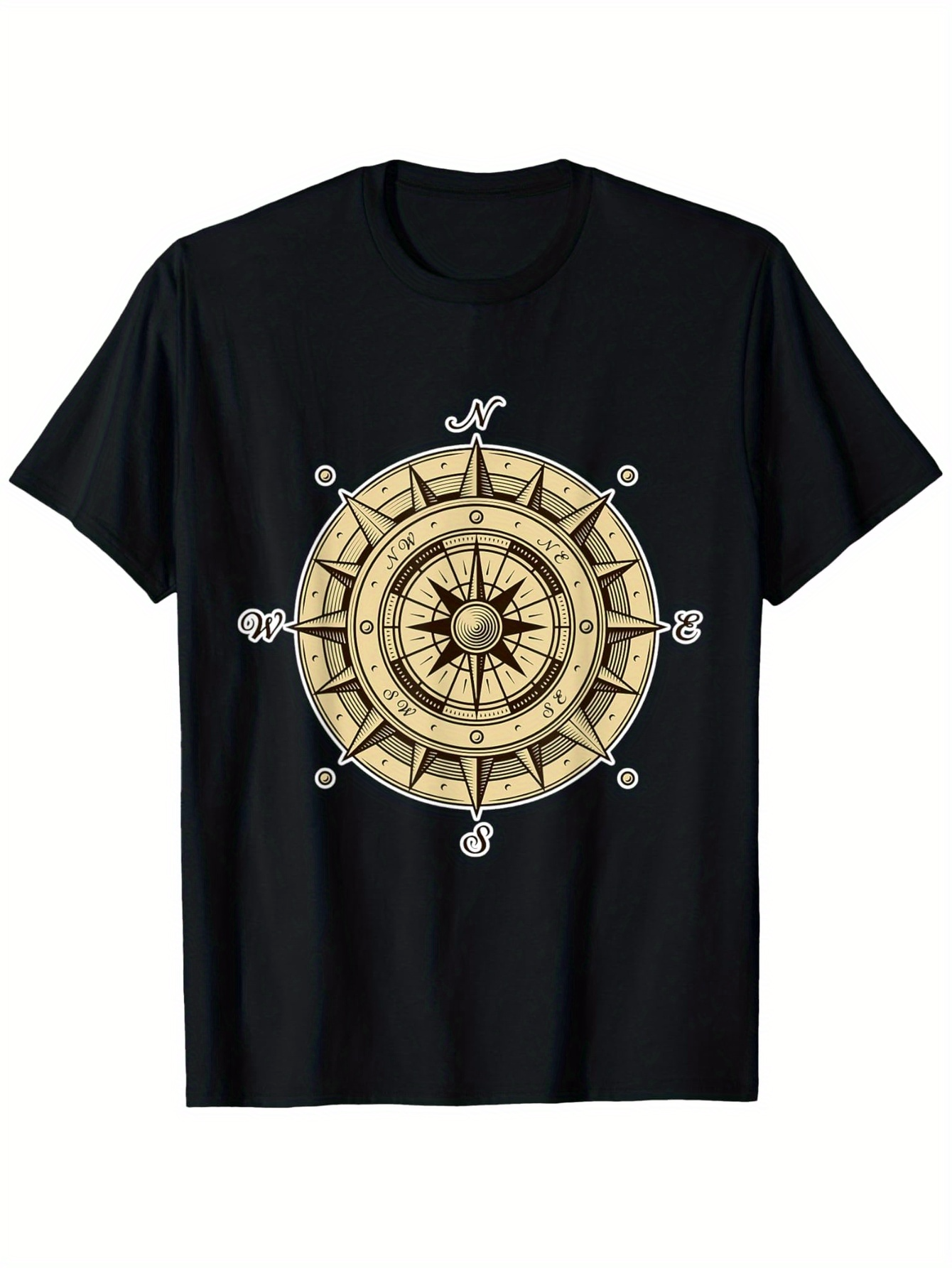 Men's Graphic T-Shirt Antique Nautical Design With Golden Compass Under Vintage Sun Compass