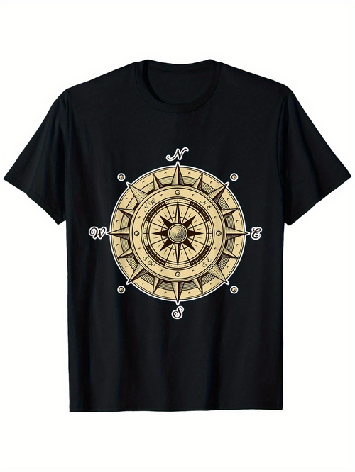 Men's Graphic T-Shirt Antique Nautical Design With Golden Compass Under Vintage Sun Compass