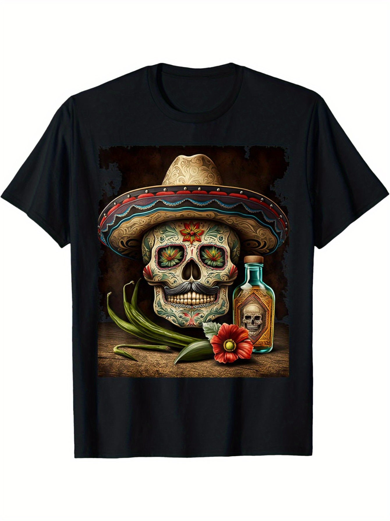 Men's Graphic T-Shirt Sombrero Skull Surrounded By Tequila Bottle Peppers And Fiesta Flower