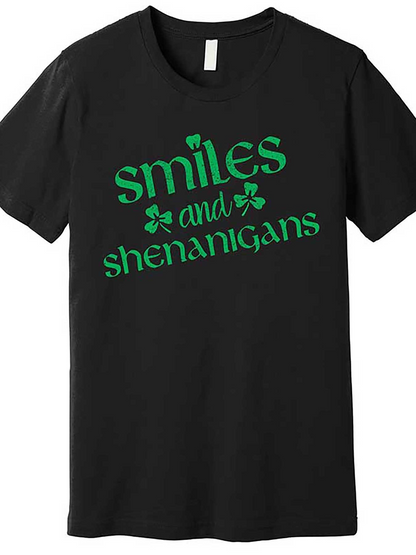 Men's Graphic T-Shirt Smiles And Shenanigans With Green Clovers Playful Lettering T Shirt