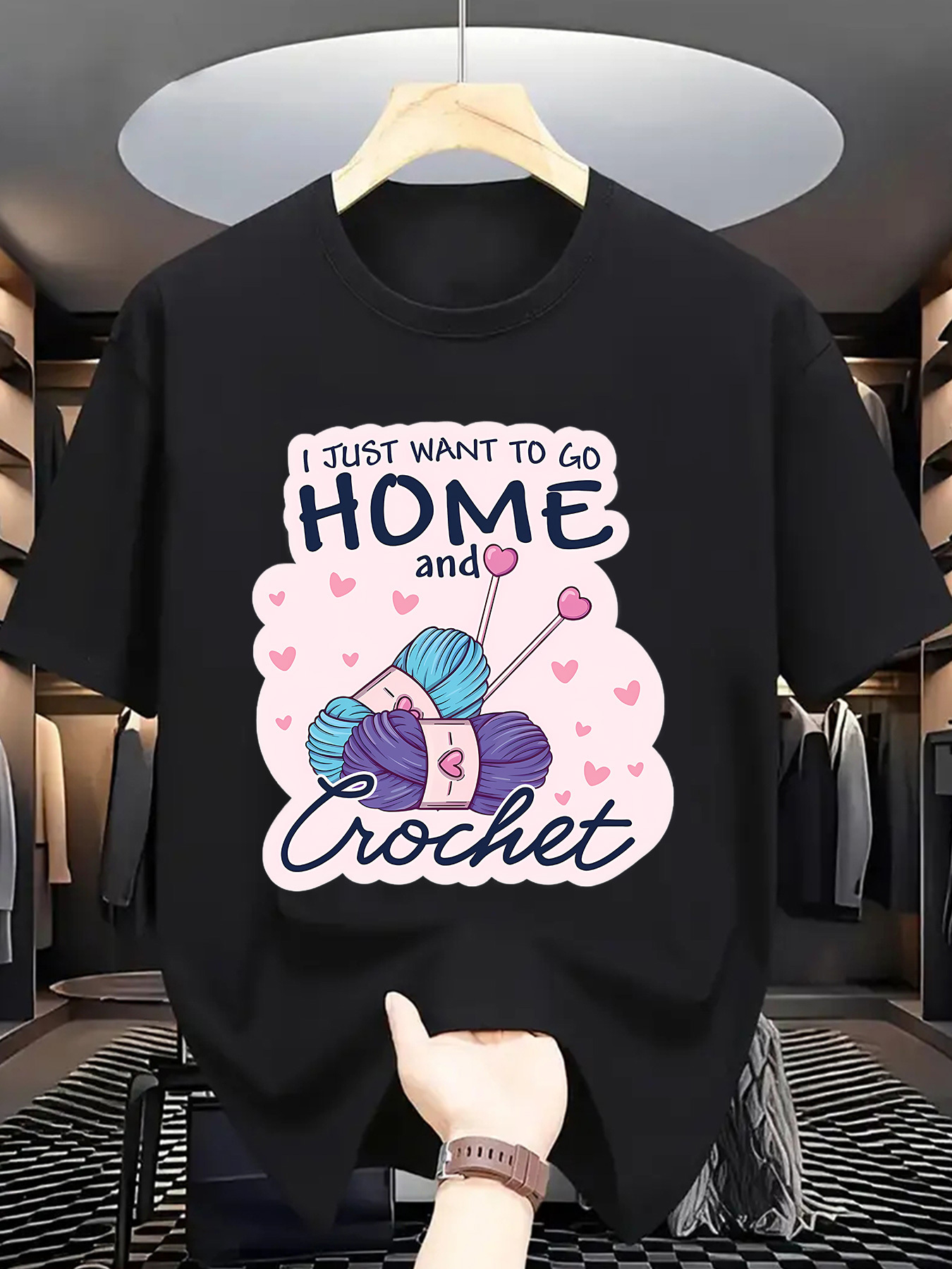 Men's Graphic T-Shirt I Just Want To Go Home And Crochet Pink Hearts With Yarn Balls Crochet Hook