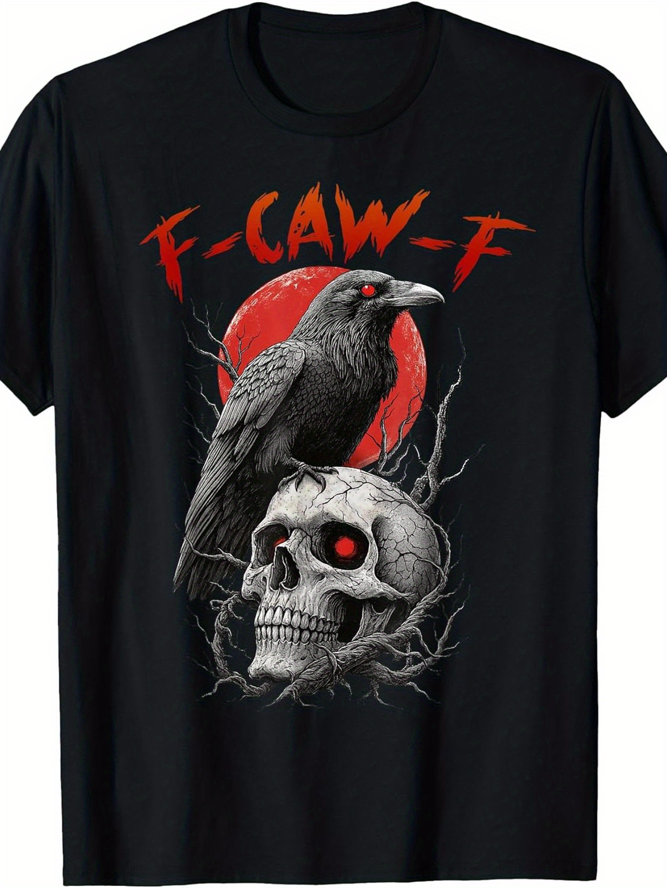 Men's Graphic T-Shirt FCawF Red Moon Glowing Eyes Skull Perched Black Crow