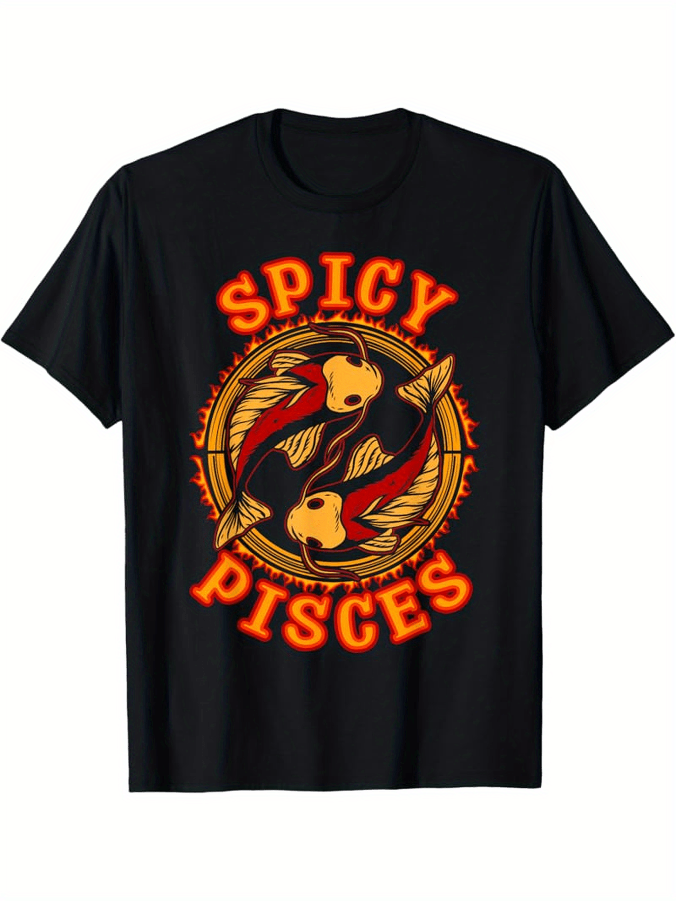 Men's Graphic T-Shirt Spicy Pisces Artistic Red Fishes Circling With Fiery Ring Motif Design