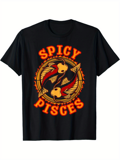 Men's Graphic T-Shirt Spicy Pisces Artistic Red Fishes Circling With Fiery Ring Motif Design
