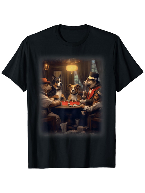 Men's Graphic T-Shirt Classic Poker Night With Vintage Lights Among Elegant Dressed Dogs