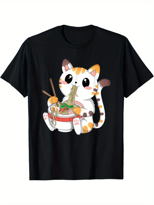 Men's Graphic T-Shirt Adorable Cartoon Cat With Ramen Bowl Surrounded By Playful Whiskers Eating Noodles Cat