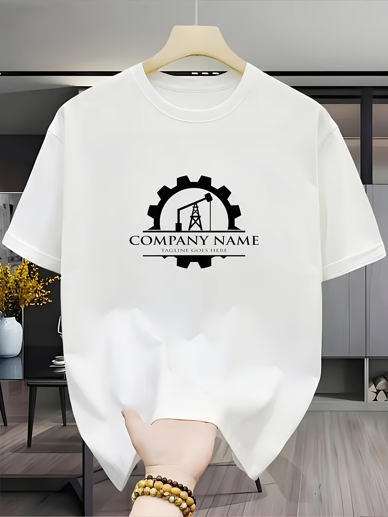 Men's Graphic T-Shirt Oil Derrick Surrounded By Industrial Gear And Text Company Name