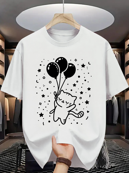Men's Graphic T-Shirt Playful Kitten Surrounded By Balloons Stars And Sparkling Night Sky Cat