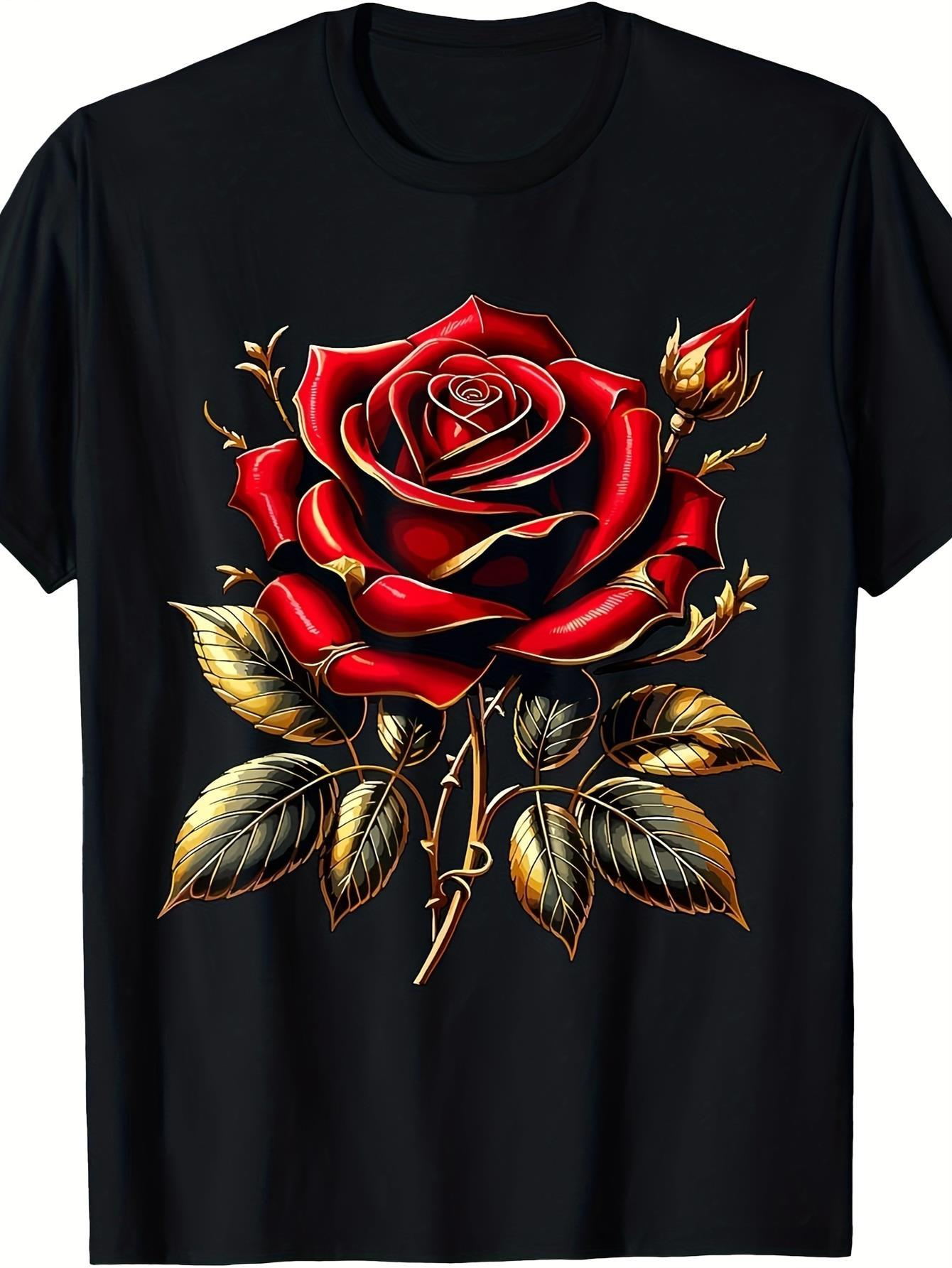 Men's Graphic T-Shirt Golden Leaves With Vivid Red Blooming Rose Artwork Rose