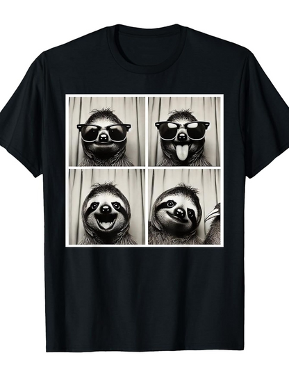 Men's Graphic T-Shirt Photo Booth Style Grayscale Frames With Playful Sloth Expressions