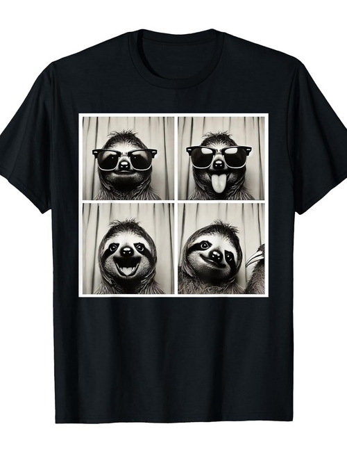 Men's Graphic T-Shirt Photo Booth Style Grayscale Frames With Playful Sloth Expressions