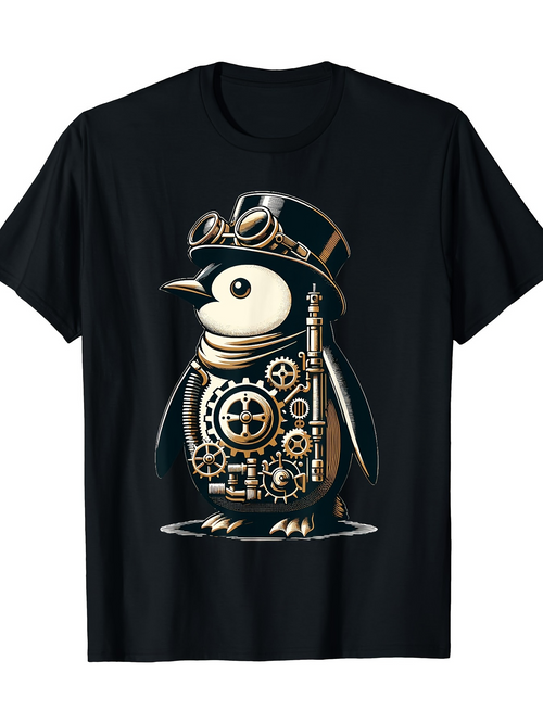 Men's Graphic T-Shirt Vintage Steampunk Gear Elements With Gentleman Penguin In Hat