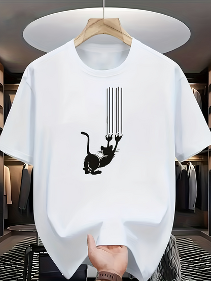 Men's Graphic T-Shirt Playful Black Kitten With Sharp Claws Scratching White T Shirt