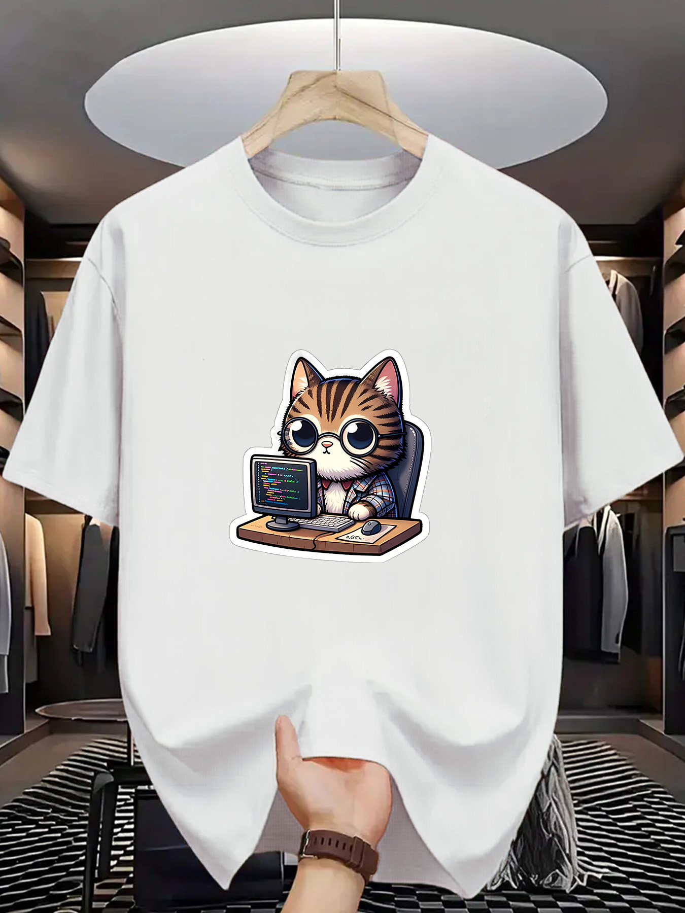 Men's Graphic T-Shirt Charming Brown Tabby Cat Typing Among Retro Computer Keys Cat