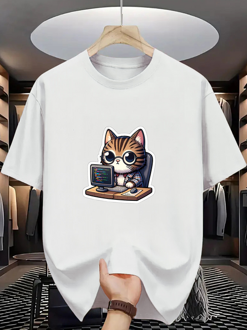 Men's Graphic T-Shirt Charming Brown Tabby Cat Typing Among Retro Computer Keys Cat