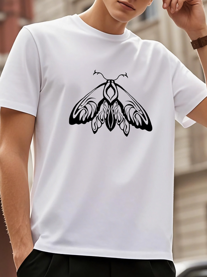 Men's Graphic T-Shirt Minimalist Black Line Art With Abstract Wings Moth