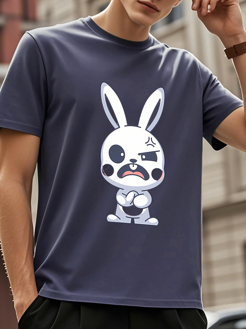 Men's Graphic T-Shirt Cartoon Style Angry Face White Bunny Character