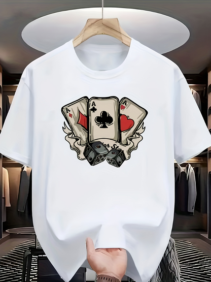 Men's Graphic T-Shirt Classic Playing Card Symbols With Rolling Dice Surrounded By Vintage Banner