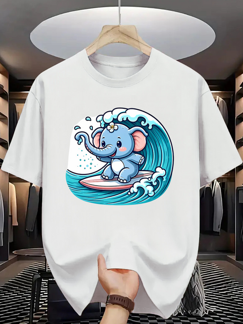 Men's Graphic T-Shirt Playful Blue Elephant Surfing With Splashes And Crashing Ocean Wave