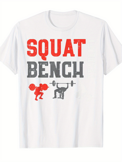 Men's Graphic T-Shirt Squat Bench Strong Athlete Lifting Barbells Under Bold Lettering Bench