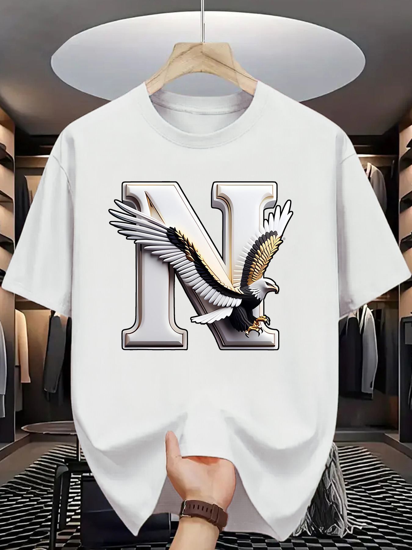 Men's Graphic T-Shirt Large Silver Letter With Flying Majestic Bald Eagle