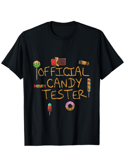 Men's Graphic T-Shirt Official Candy Tester Surrounded By Colorful Sweets And Lollipops On Black Shirt