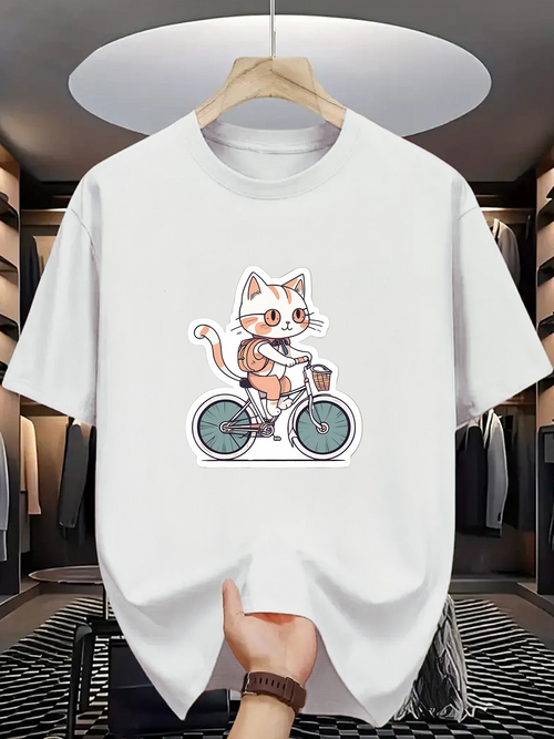 Men's Graphic T-Shirt Cool Cat Enjoying A Coffee Riding On A Bicycle