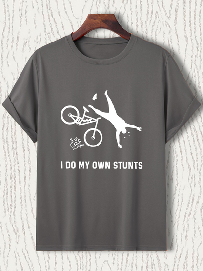 Men's Graphic T-Shirt I Do My Own Stunts Dynamic Biking Scene With Figure Flipping Bicycle
