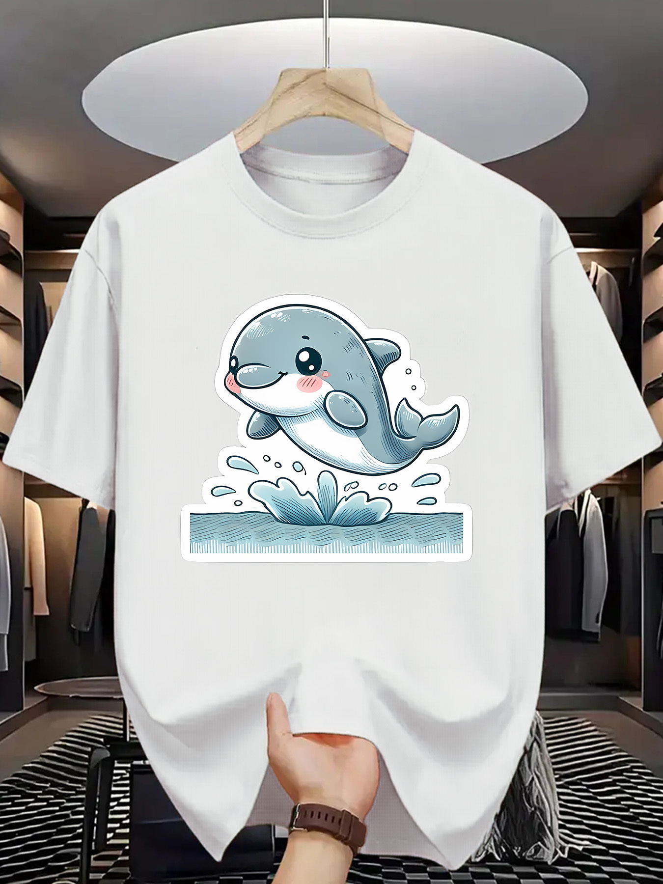 Men's Graphic T-Shirt Playful Cartoon Dolphin Jumping Above Splashing Waves Dolphin