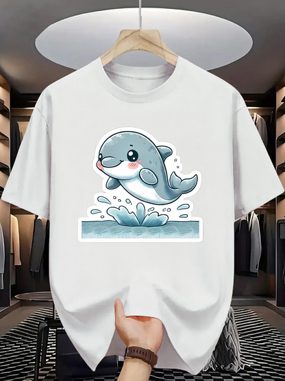 Men's Graphic T-Shirt Playful Cartoon Dolphin Jumping Above Splashing Waves Dolphin