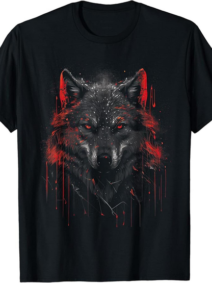Men's Graphic T-Shirt Electric Red Light Reflections Over Shadowy Fierce Lone Wolf Head