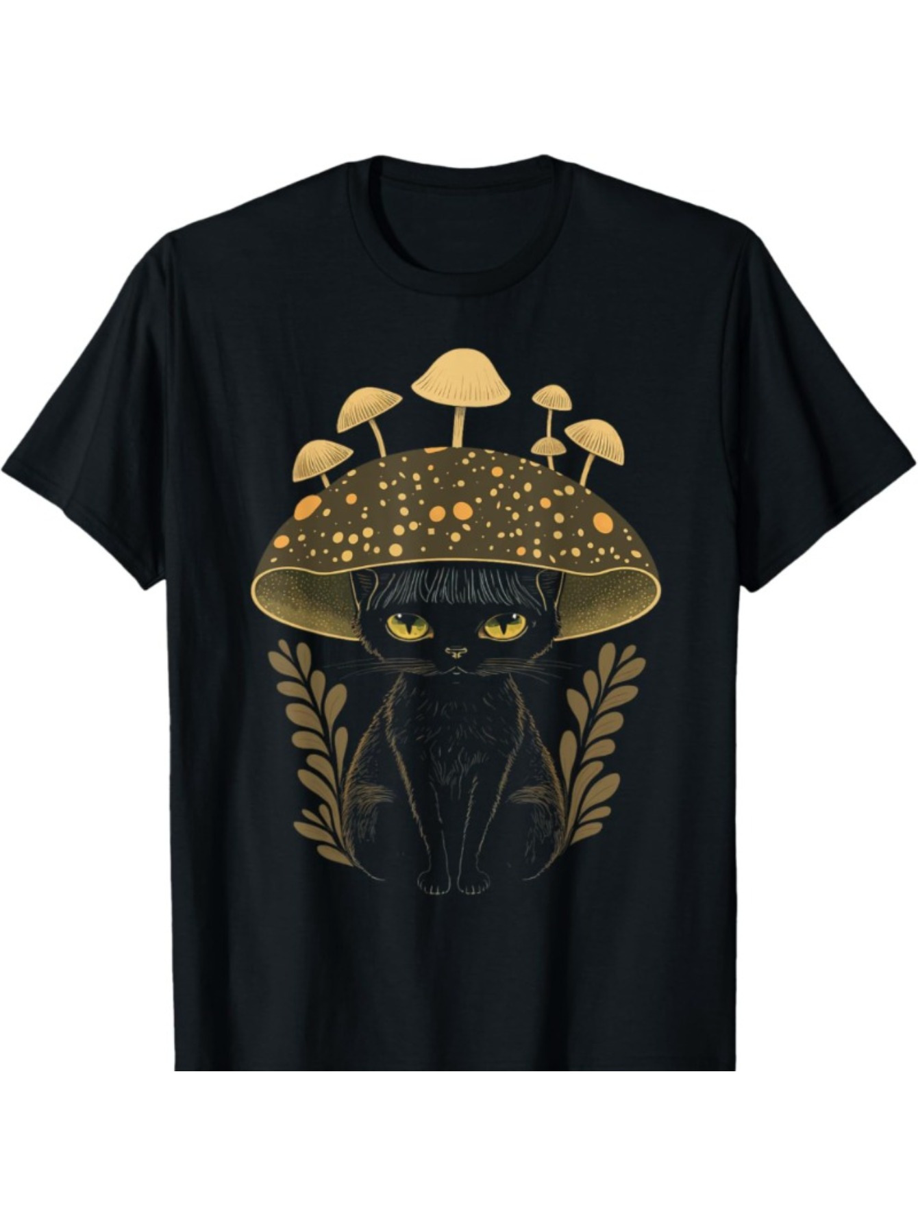Men's Graphic T-Shirt Enchanted Golden Mushrooms Growing Above Midnight Black Cat