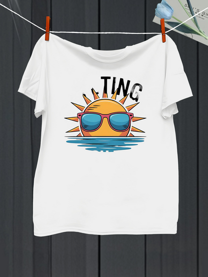 Men's Graphic T-Shirt Ting Vibrant Sun Wearing Sunglasses Over Reflective Water Surface