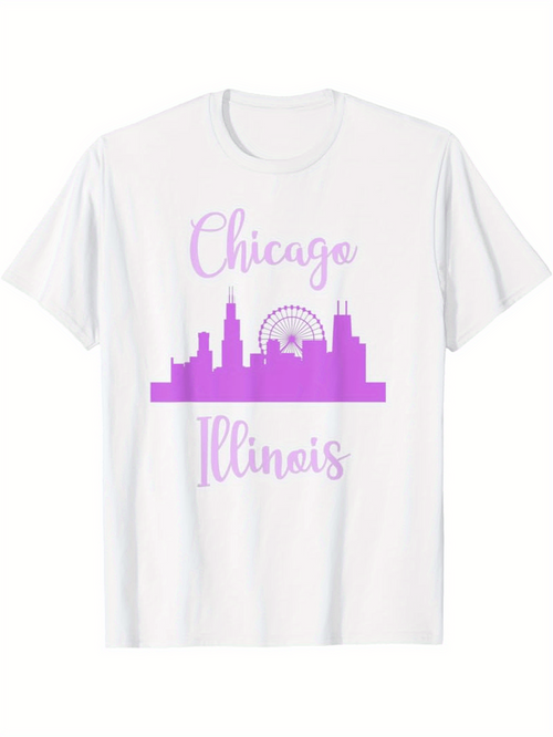Men's Graphic T-Shirt Chicago Illinois Pastel Skyline With Ferris Wheel Silhouetted Landmark Buildings White