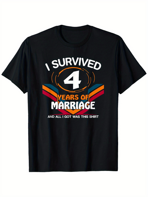 Men's Graphic T-Shirt I Survived Four Years Of Marriage Retro Striped Emblem With Bold Text Shirt