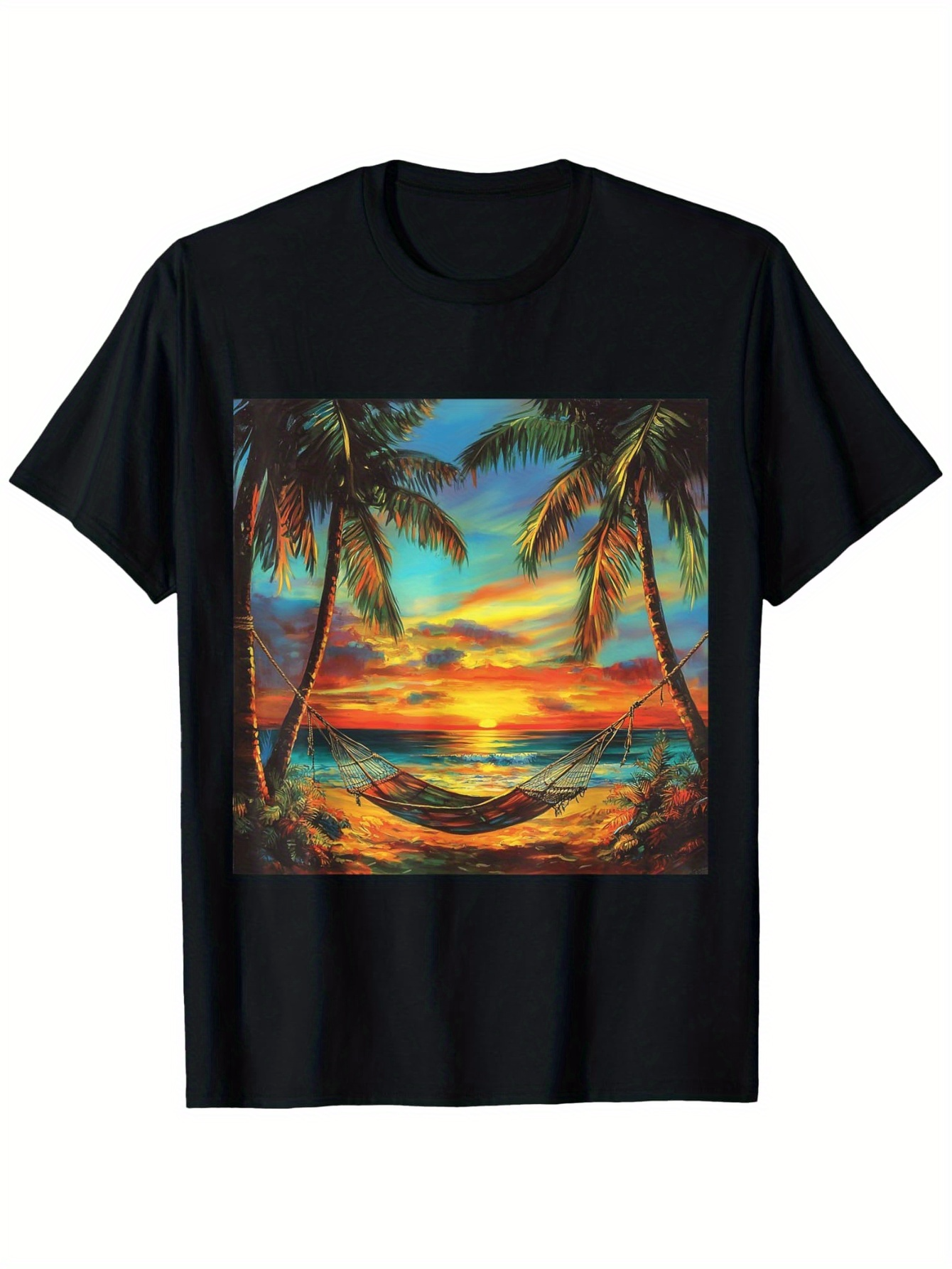 Men's Graphic T-Shirt Tranquil Sunset Glow Over Ocean With Hammock Between Palm Trees