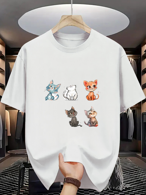 Men's Graphic T-Shirt Colorful Playful Cartoon Kittens Sitting Together Surrounded By Whimsical Art Style Cat
